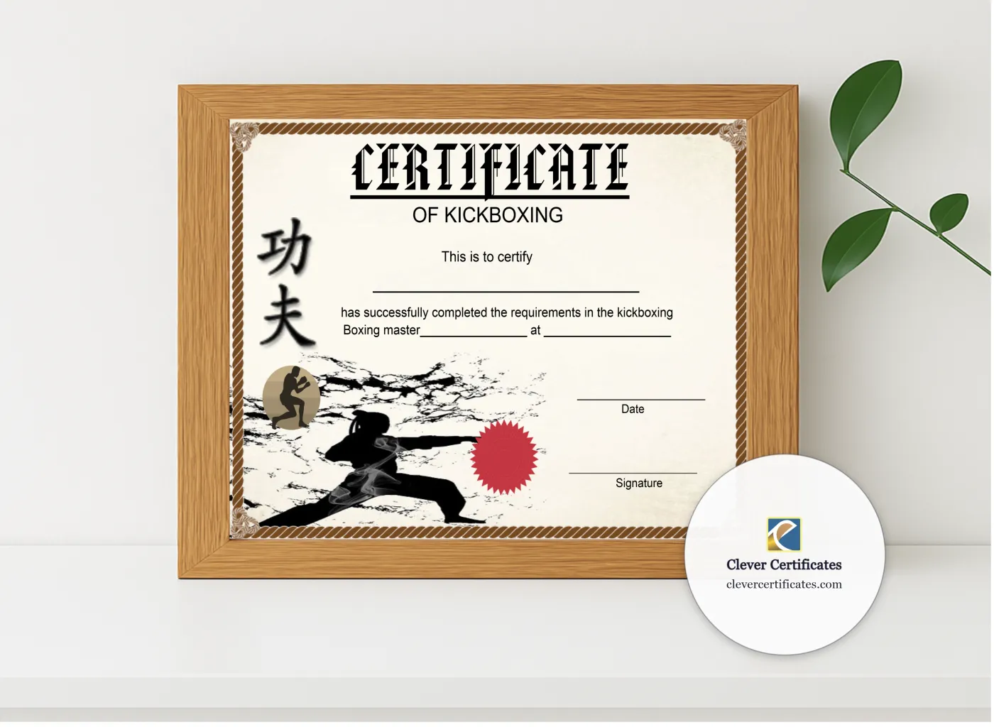 Realistic mockup featuring Modern Kickboxing Certificate displayed within a modern frame, set against a minimalistic background.