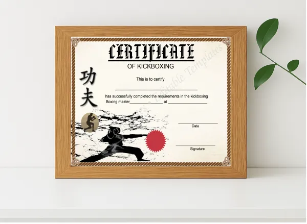 Realistic mockup featuring Modern Kickboxing Certificate displayed within a modern frame, set against a minimalistic background.