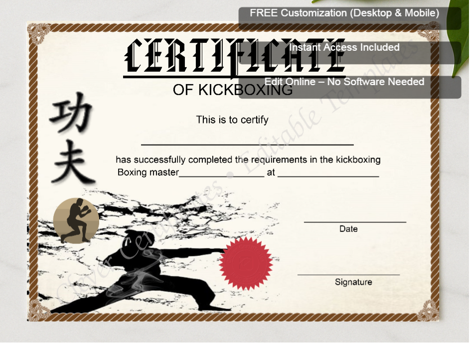 Framed preview featuring Free Editor badge stack for Modern Kickboxing Certificate