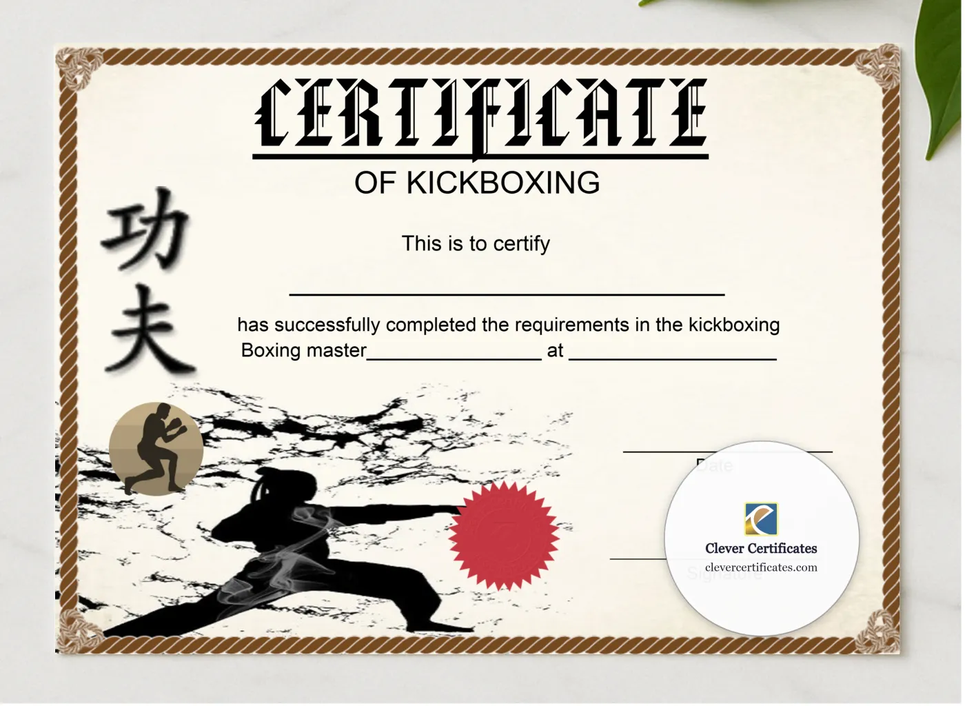 Modern Kickboxing Certificate presented in a sleek wooden frame, elegantly arranged on a stylish table.