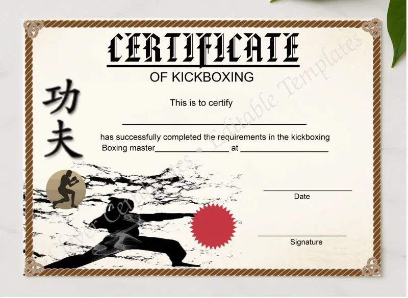Modern Kickboxing Certificate presented in a sleek wooden frame, elegantly arranged on a stylish table.
