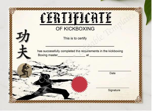 Modern Kickboxing Certificate presented in a sleek wooden frame, elegantly arranged on a stylish table.