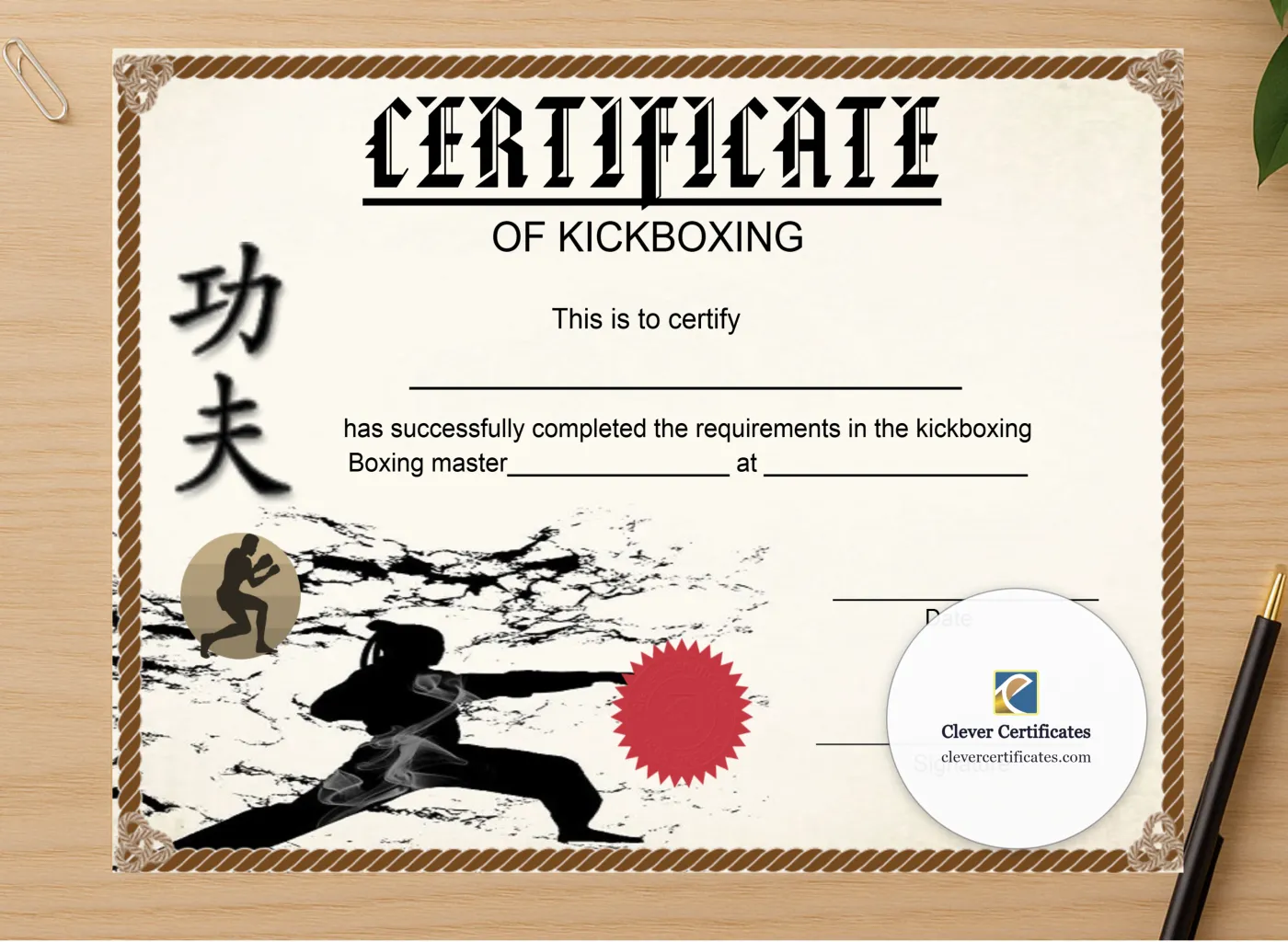 Professional preview of Modern Kickboxing Certificate certificate on high-quality stationery paper, ideal for showcasing the final look.