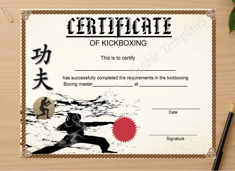 Professional preview of Modern Kickboxing Certificate certificate on high-quality stationery paper, ideal for showcasing the final look.