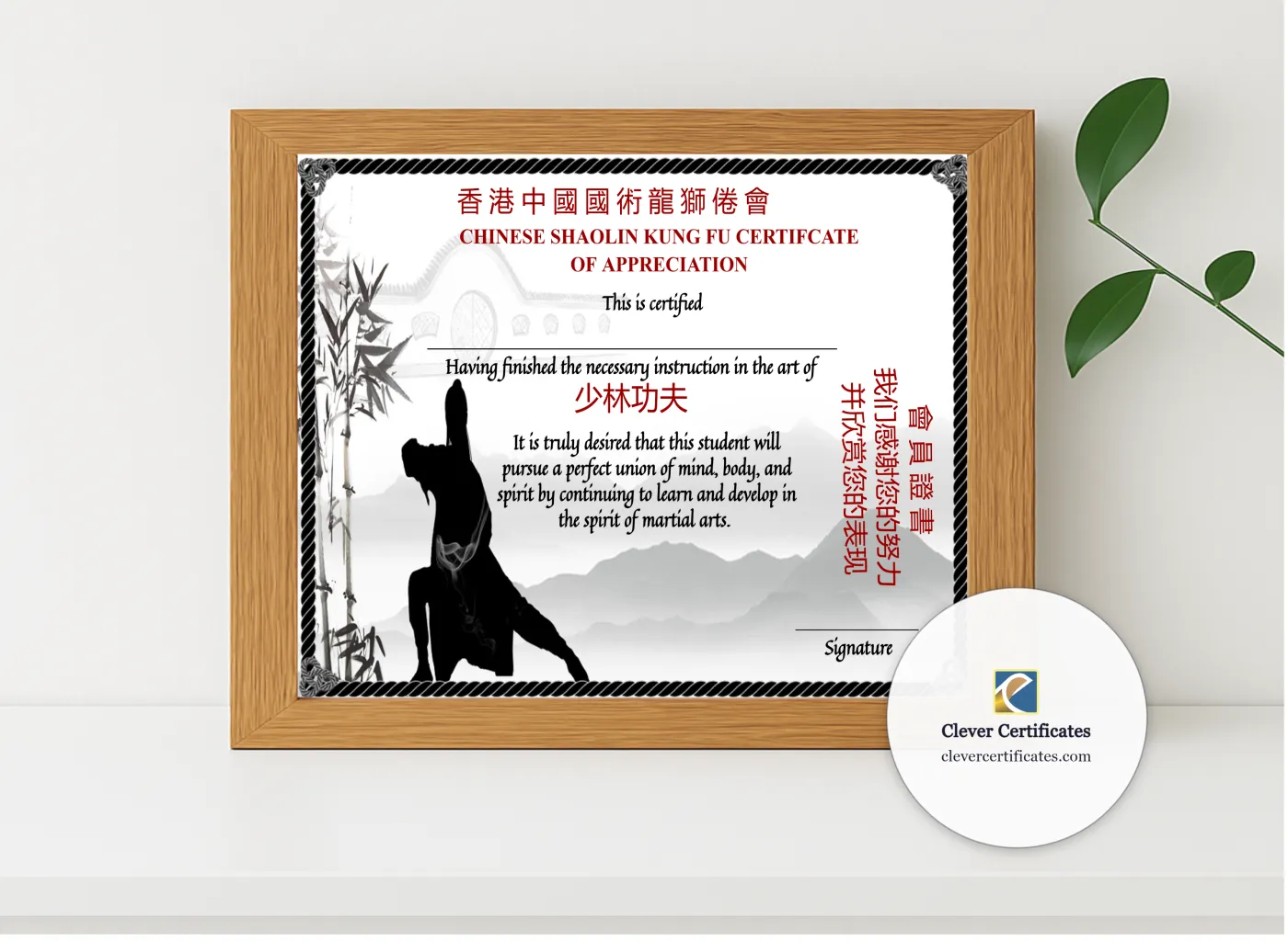 Realistic mockup featuring Editable Chinese Shaolin Certificate Of Appreciation Template displayed within a modern frame, set against a minimalistic background.
