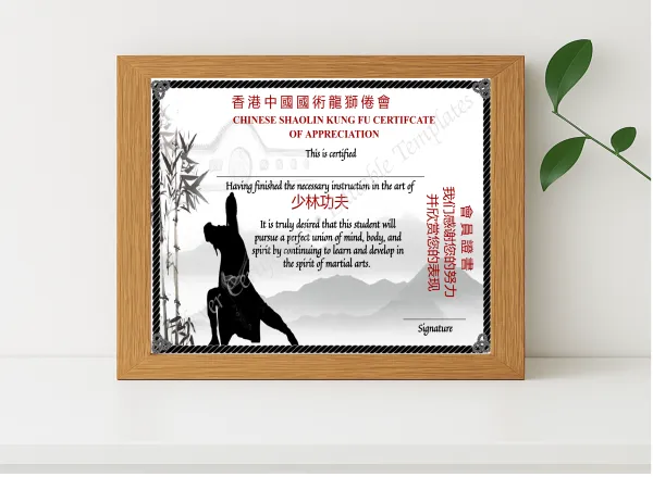 Realistic mockup featuring Editable Chinese Shaolin Certificate Of Appreciation Template displayed within a modern frame, set against a minimalistic background.