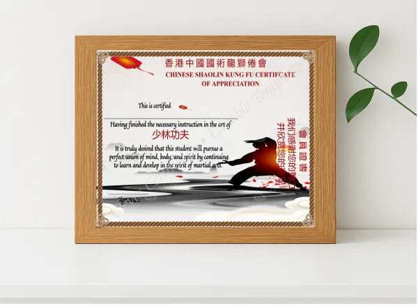 Realistic mockup featuring Printable Chinese Shaolin Certificate Of Appreciation Template displayed within a modern frame, set against a minimalistic background.