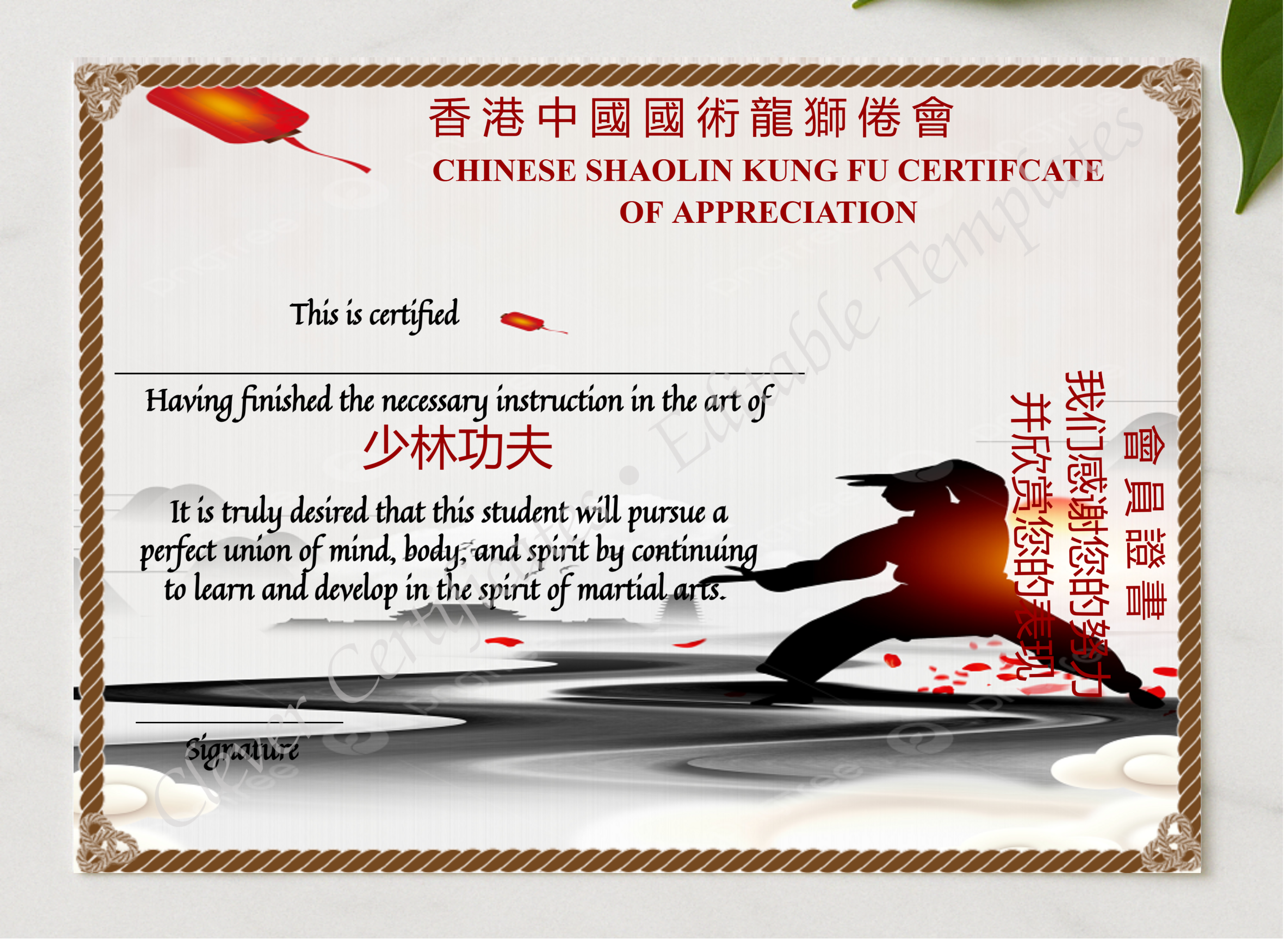 Printable Chinese Shaolin Certificate Of Appreciation Template presented in a sleek wooden frame, elegantly arranged on a stylish table.