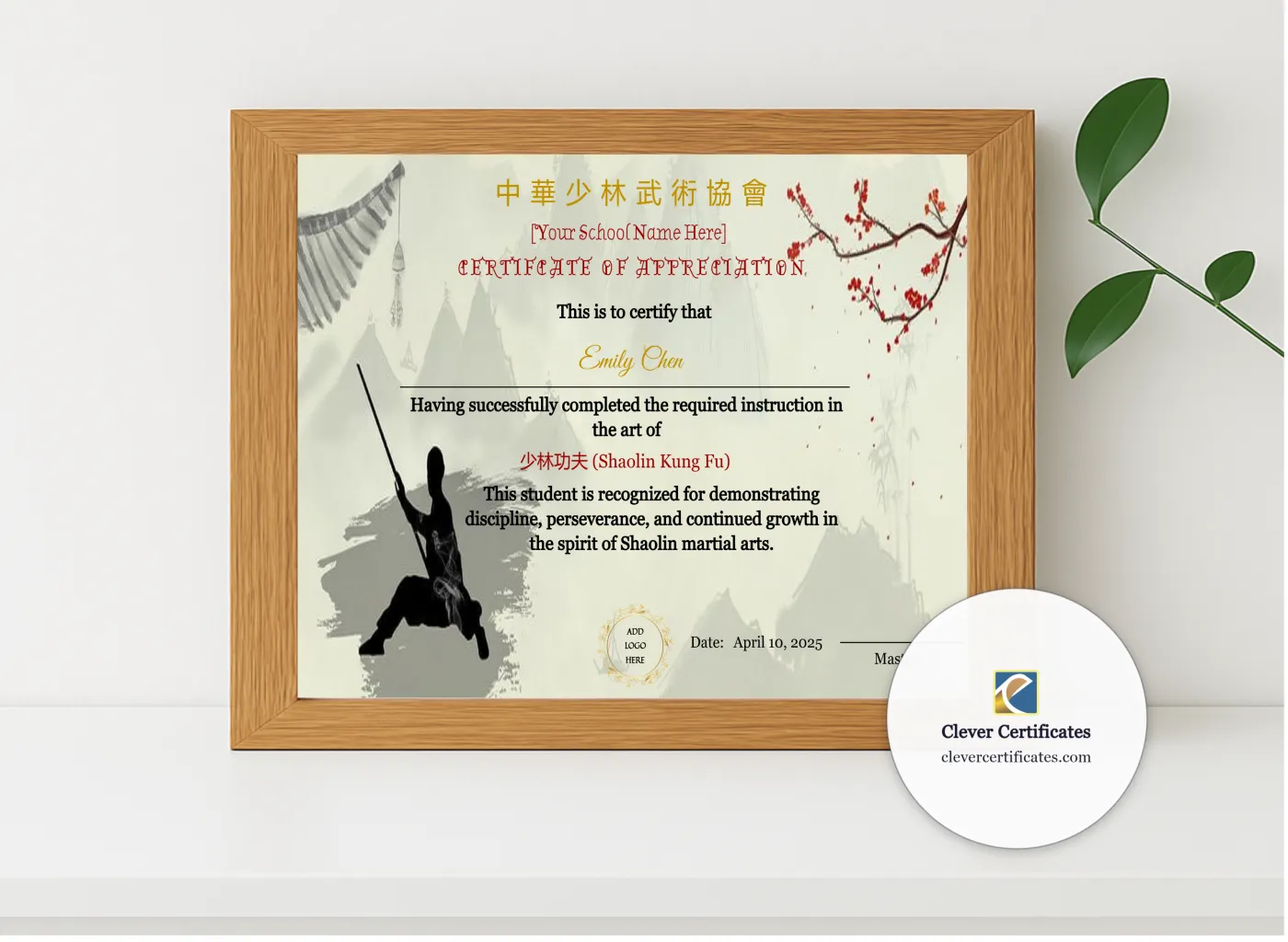 Realistic mockup featuring Customizable Chinese Shaolin Certificate Of Appreciation Template displayed within a modern frame, set against a minimalistic background.