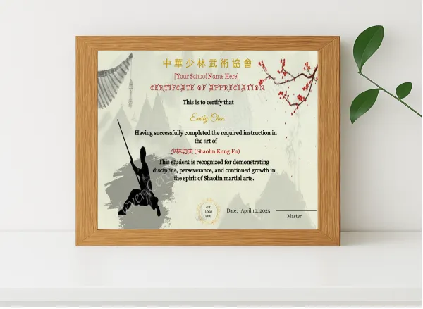 Realistic mockup featuring Customizable Chinese Shaolin Certificate Of Appreciation Template displayed within a modern frame, set against a minimalistic background.