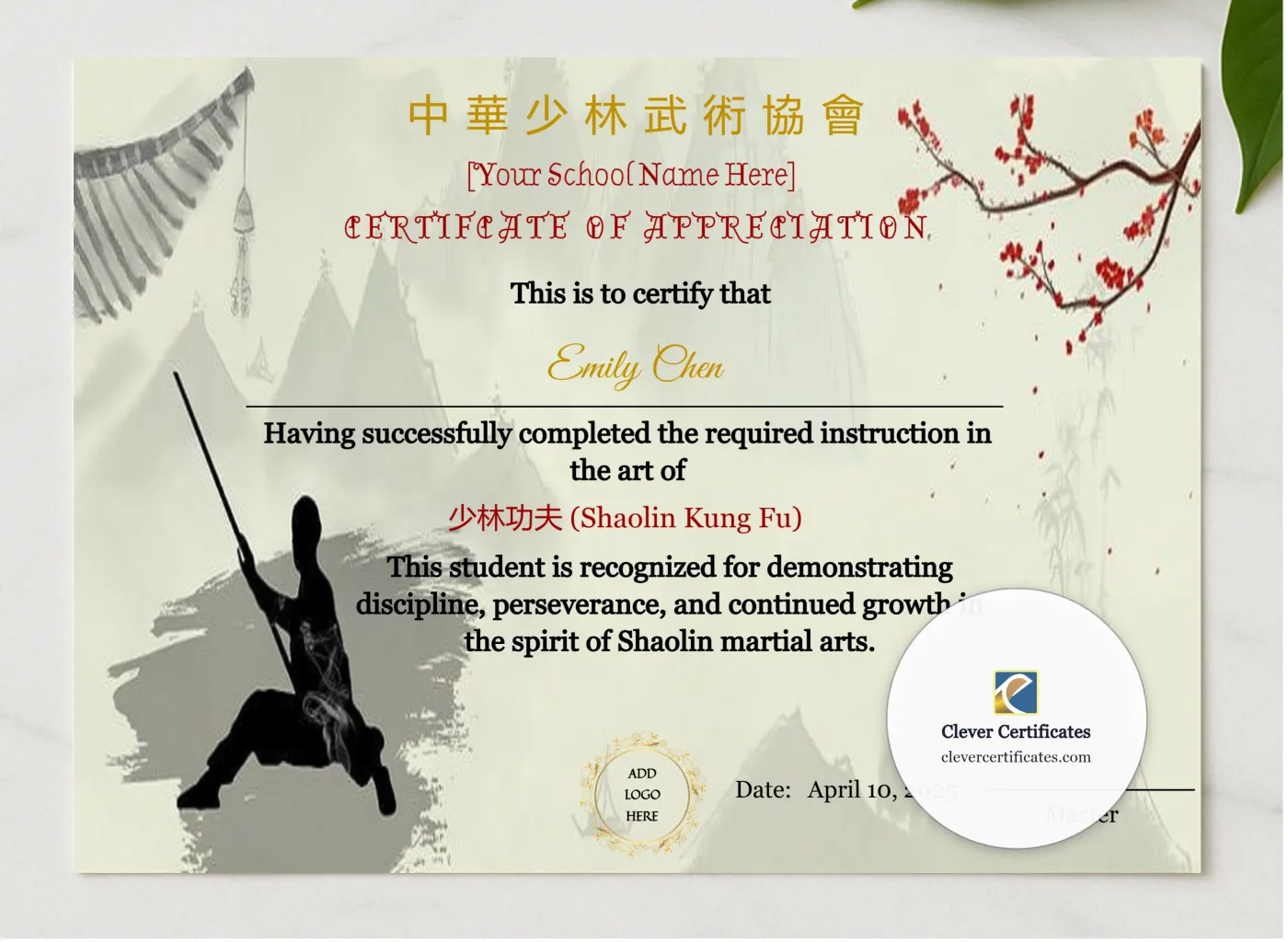 Customizable Chinese Shaolin Certificate Of Appreciation Template presented in a sleek wooden frame, elegantly arranged on a stylish table.