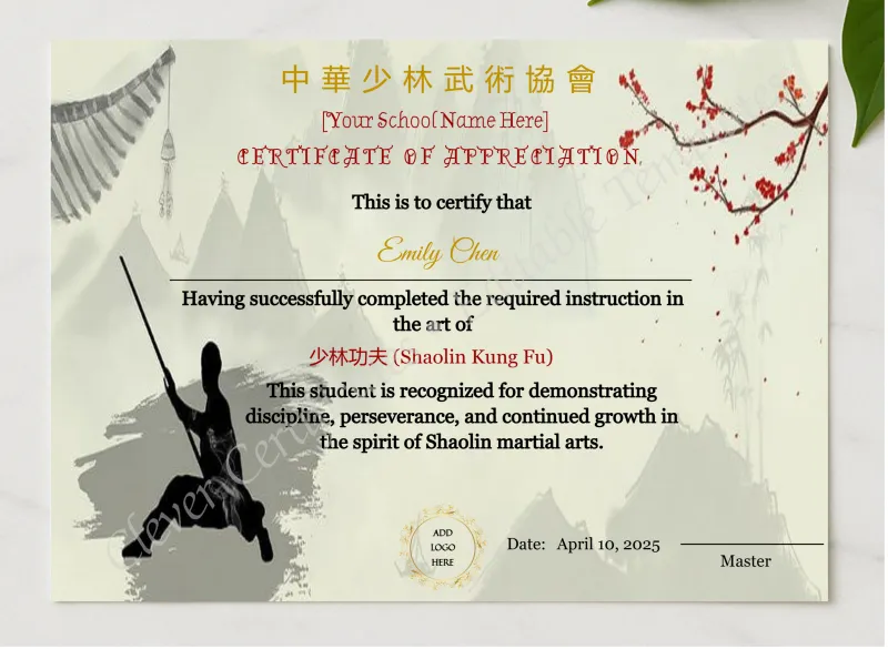Customizable Chinese Shaolin Certificate Of Appreciation Template presented in a sleek wooden frame, elegantly arranged on a stylish table.