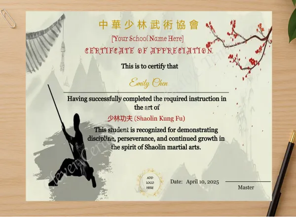 Professional preview of Customizable Chinese Shaolin Certificate Of Appreciation Template certificate on high-quality stationery paper, ideal for showcasing the final look.