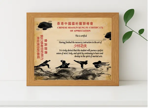 Realistic mockup featuring Modern Chinese Shaolin Certificate Of Appreciation Template displayed within a modern frame, set against a minimalistic background.