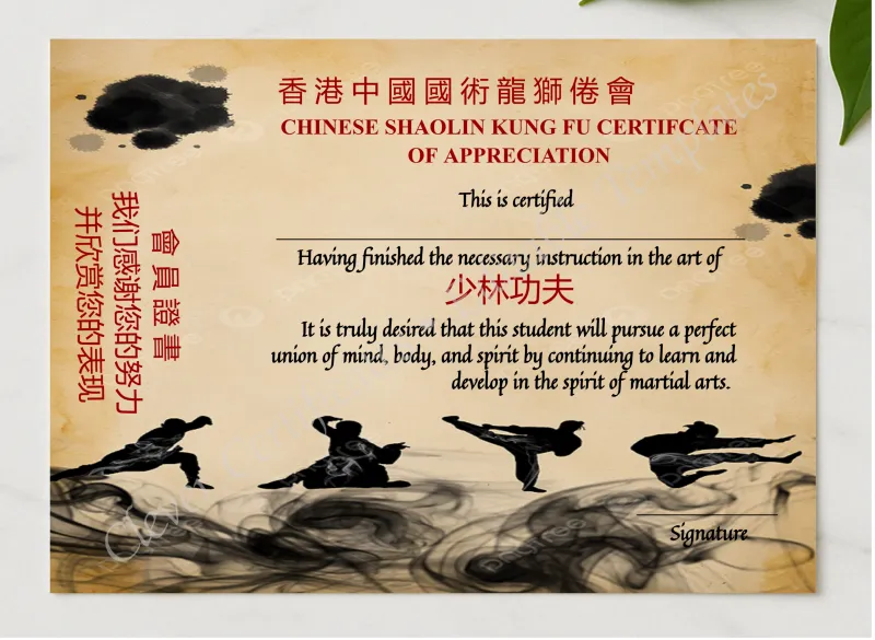 Modern Chinese Shaolin Certificate Of Appreciation Template presented in a sleek wooden frame, elegantly arranged on a stylish table.