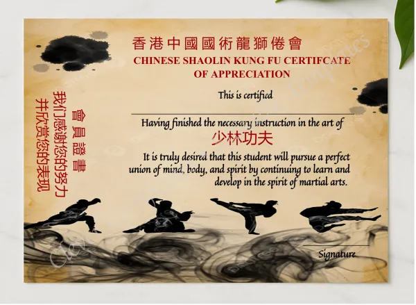 Modern Chinese Shaolin Certificate Of Appreciation Template presented in a sleek wooden frame, elegantly arranged on a stylish table.