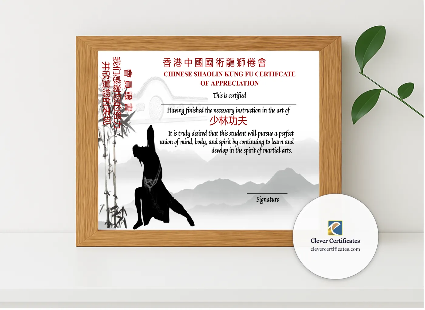 Realistic mockup featuring Professional Chinese Shaolin Certificate Of Appreciation Template displayed within a modern frame, set against a minimalistic background.