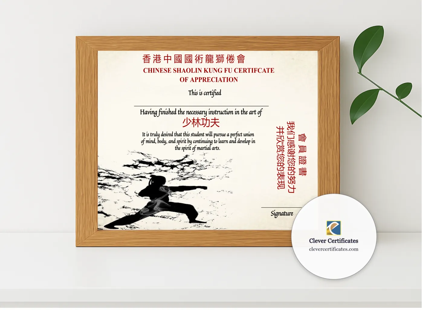 Realistic mockup featuring Elegant Chinese Shaolin Certificate Of Appreciation displayed within a modern frame, set against a minimalistic background.