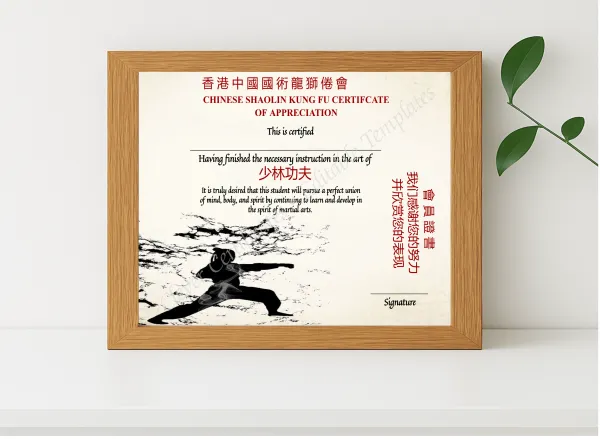 Realistic mockup featuring Elegant Chinese Shaolin Certificate Of Appreciation displayed within a modern frame, set against a minimalistic background.