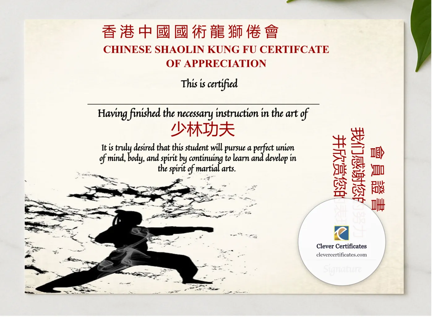 Elegant Chinese Shaolin Certificate Of Appreciation presented in a sleek wooden frame, elegantly arranged on a stylish table.