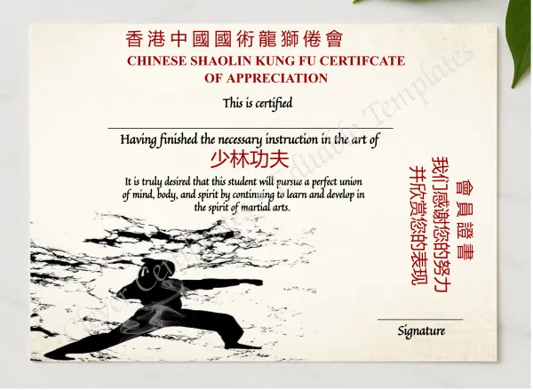 Elegant Chinese Shaolin Certificate Of Appreciation presented in a sleek wooden frame, elegantly arranged on a stylish table.