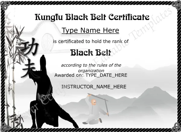 Editable Kungfu Black Belt Certificate