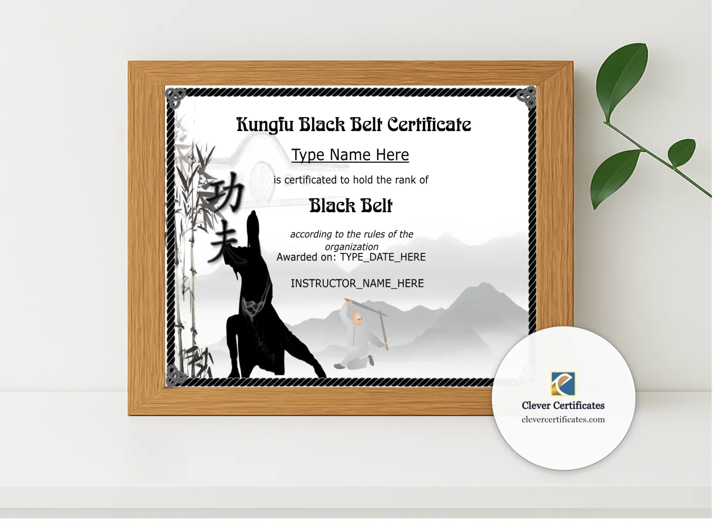 Realistic mockup featuring Editable Kungfu Black Belt Certificate displayed within a modern frame, set against a minimalistic background.
