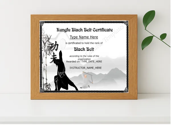 Realistic mockup featuring Editable Kungfu Black Belt Certificate displayed within a modern frame, set against a minimalistic background.