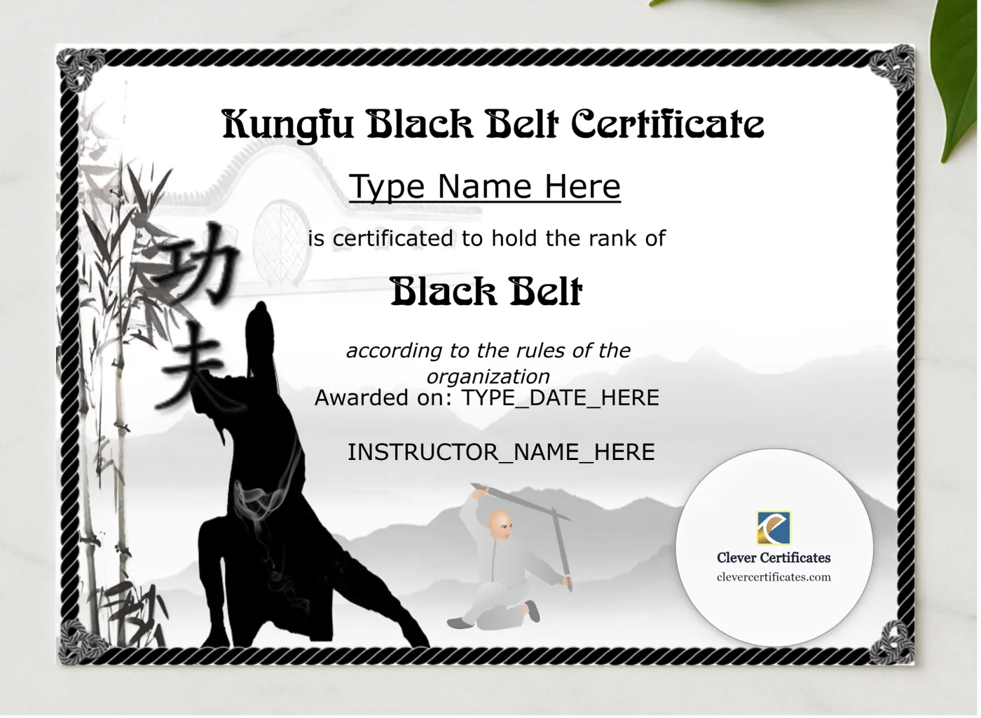 Editable Kungfu Black Belt Certificate presented in a sleek wooden frame, elegantly arranged on a stylish table.