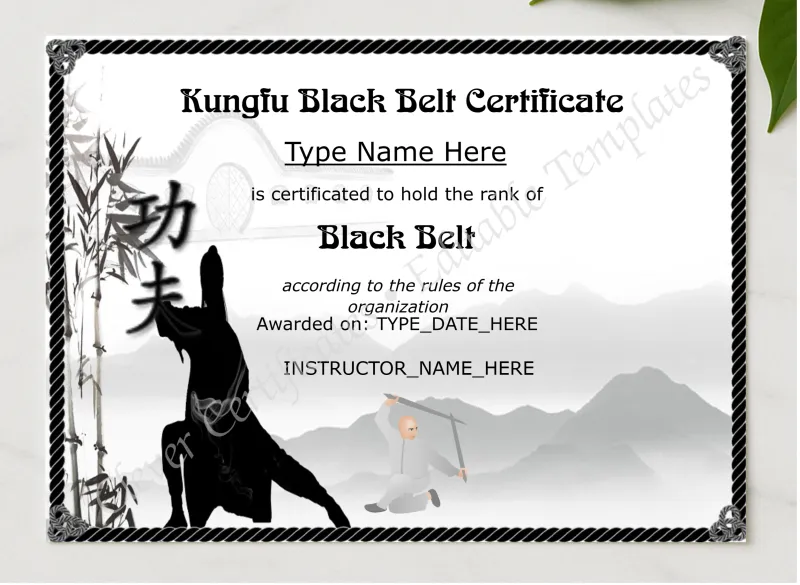 Editable Kungfu Black Belt Certificate presented in a sleek wooden frame, elegantly arranged on a stylish table.