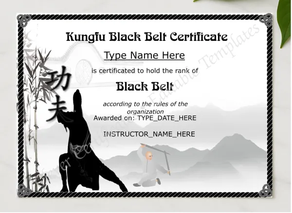 Editable Kungfu Black Belt Certificate presented in a sleek wooden frame, elegantly arranged on a stylish table.