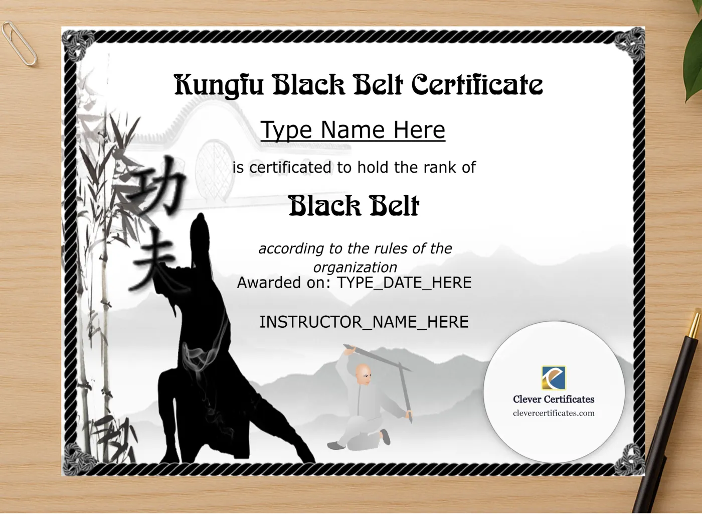 Professional preview of Editable Kungfu Black Belt Certificate certificate on high-quality stationery paper, ideal for showcasing the final look.