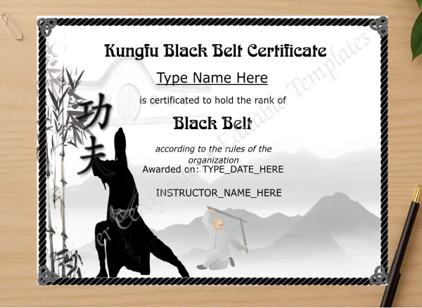 Professional preview of Editable Kungfu Black Belt Certificate certificate on high-quality stationery paper, ideal for showcasing the final look.