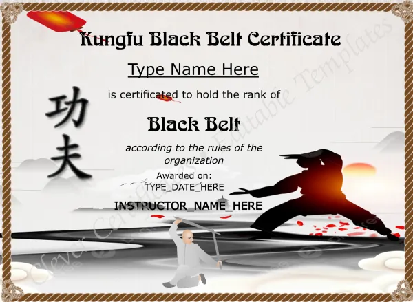 Printable Kungfu Black Belt Certificate