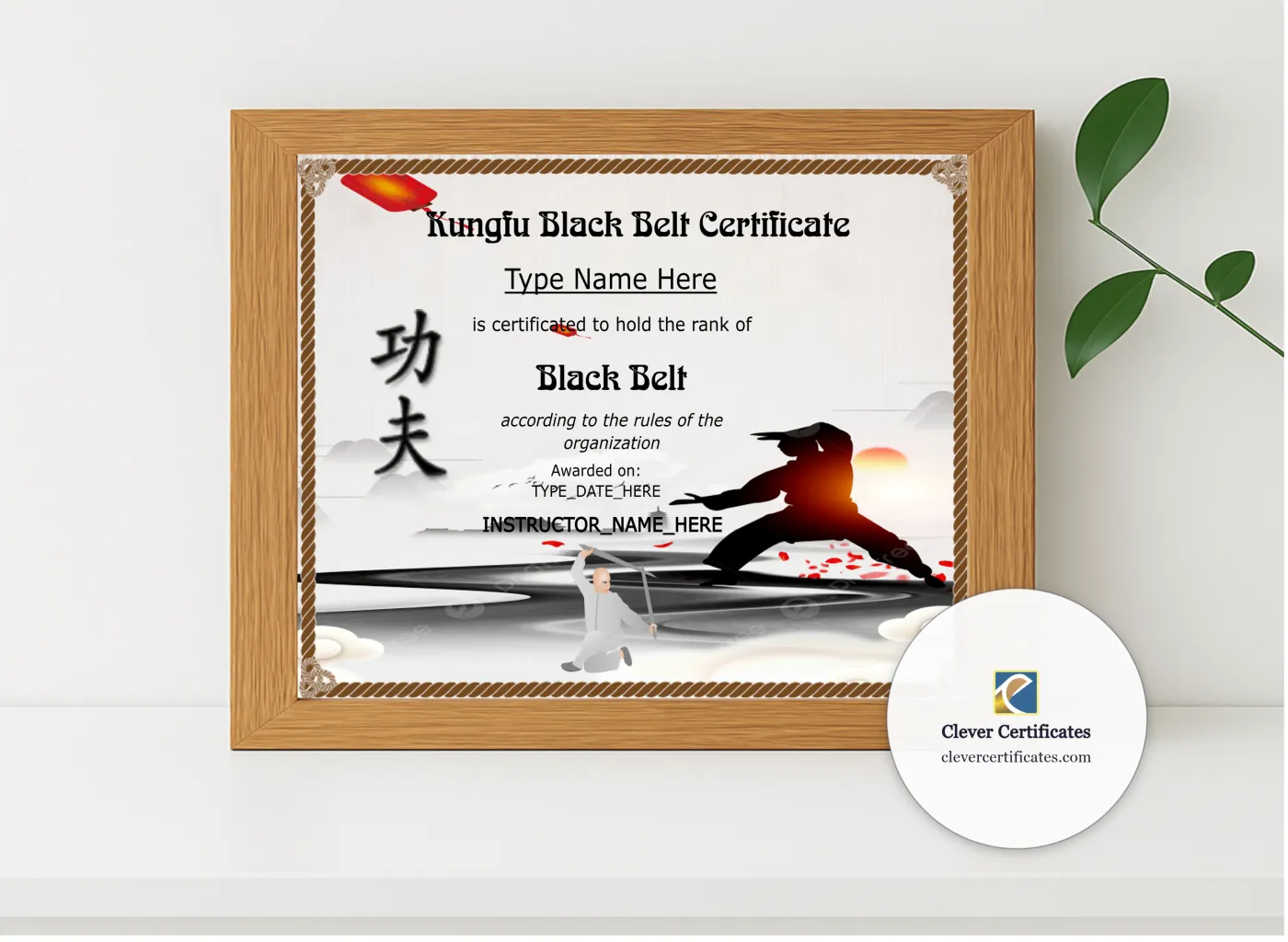 Realistic mockup featuring Printable Kungfu Black Belt Certificate displayed within a modern frame, set against a minimalistic background.