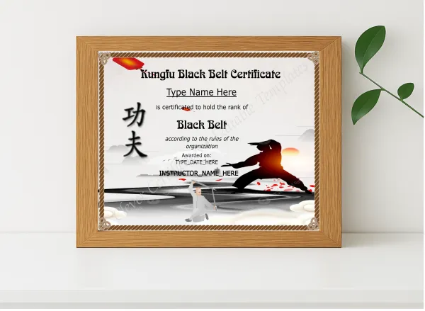 Realistic mockup featuring Printable Kungfu Black Belt Certificate displayed within a modern frame, set against a minimalistic background.