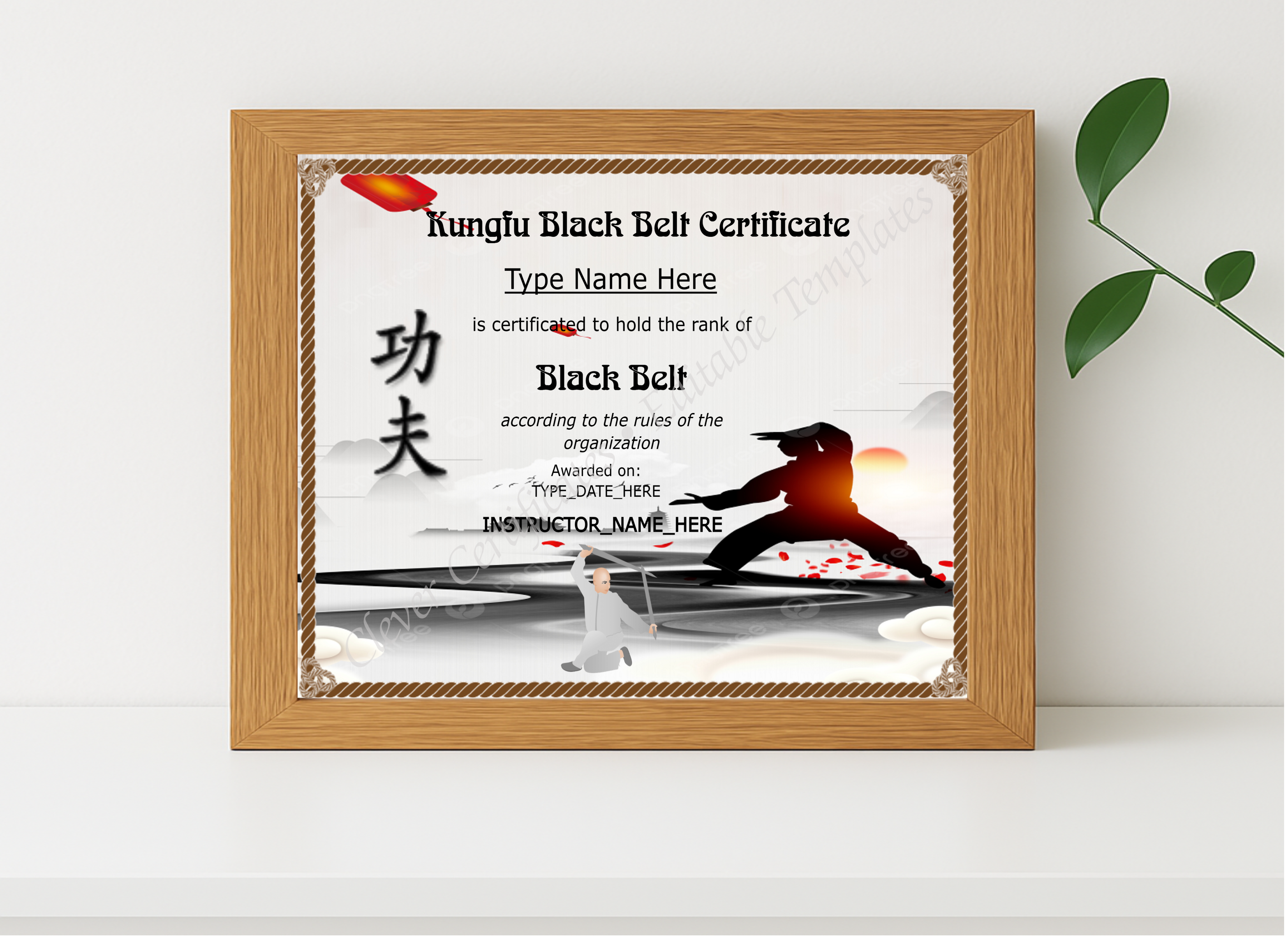 Realistic mockup featuring Printable Kungfu Black Belt Certificate displayed within a modern frame, set against a minimalistic background.
