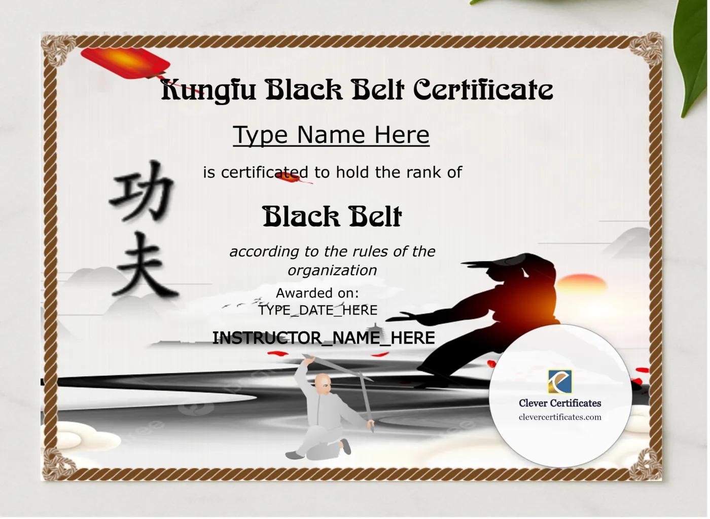 Printable Kungfu Black Belt Certificate presented in a sleek wooden frame, elegantly arranged on a stylish table.