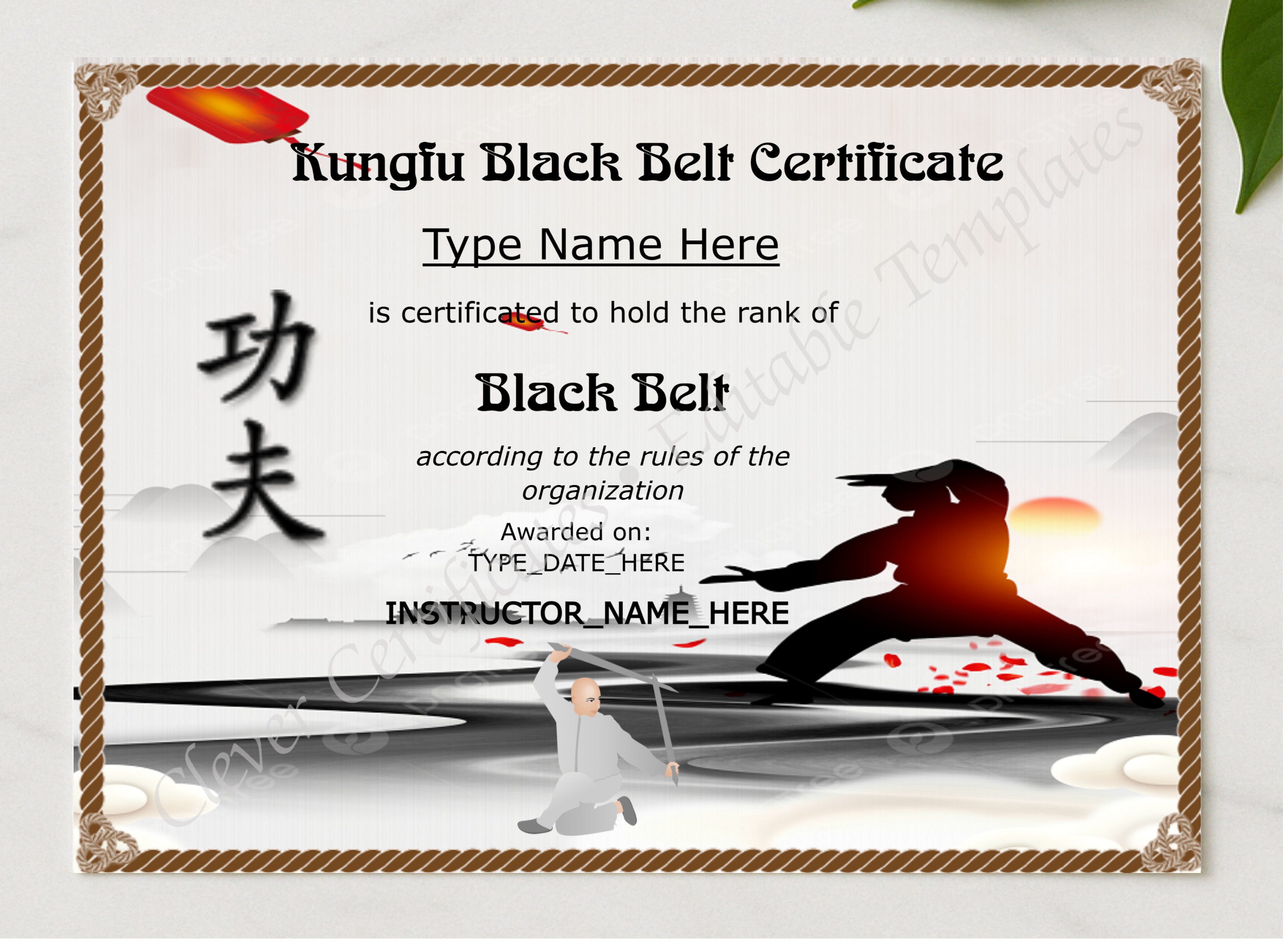 Printable Kungfu Black Belt Certificate presented in a sleek wooden frame, elegantly arranged on a stylish table.