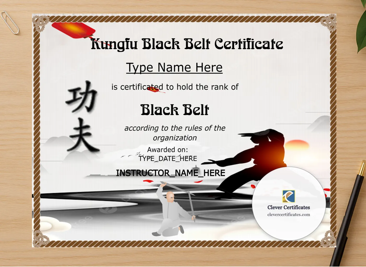 Professional preview of Printable Kungfu Black Belt Certificate certificate on high-quality stationery paper, ideal for showcasing the final look.