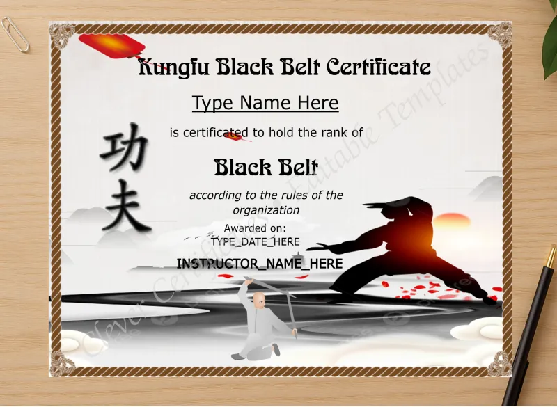 Professional preview of Printable Kungfu Black Belt Certificate certificate on high-quality stationery paper, ideal for showcasing the final look.