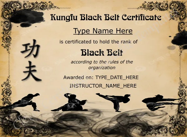 Customizable Kungfu Black Belt Certificate