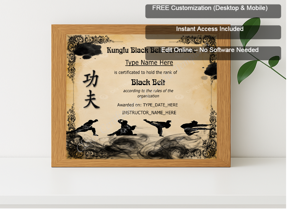 Premium mockup with Free Editor badge stack for Customizable Kungfu Black Belt Certificate