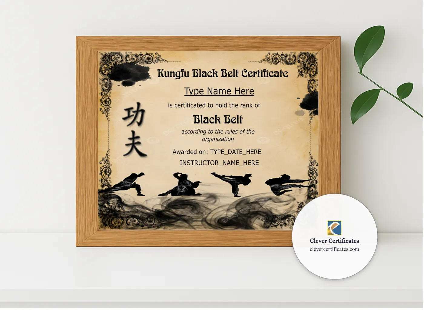 Realistic mockup featuring Customizable Kungfu Black Belt Certificate displayed within a modern frame, set against a minimalistic background.