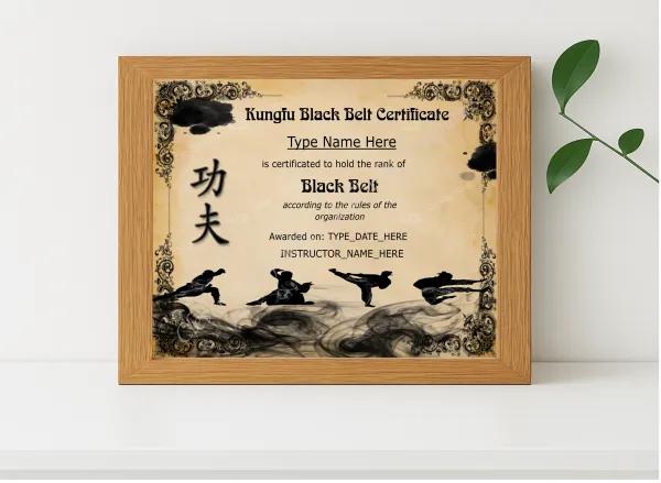 Realistic mockup featuring Customizable Kungfu Black Belt Certificate displayed within a modern frame, set against a minimalistic background.