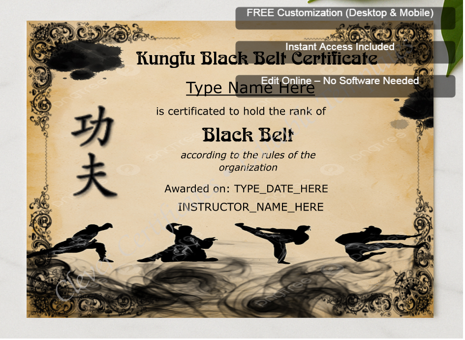 Framed preview featuring Free Editor badge stack for Customizable Kungfu Black Belt Certificate