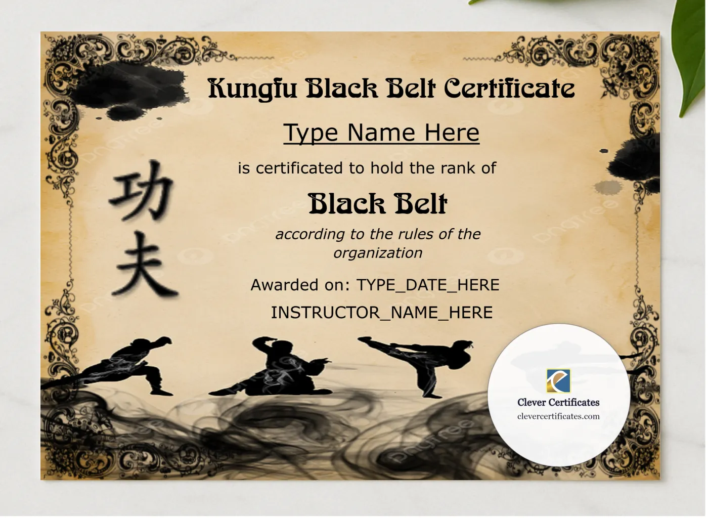 Customizable Kungfu Black Belt Certificate presented in a sleek wooden frame, elegantly arranged on a stylish table.