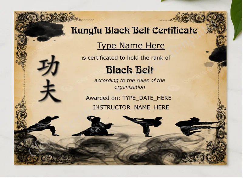 Customizable Kungfu Black Belt Certificate presented in a sleek wooden frame, elegantly arranged on a stylish table.