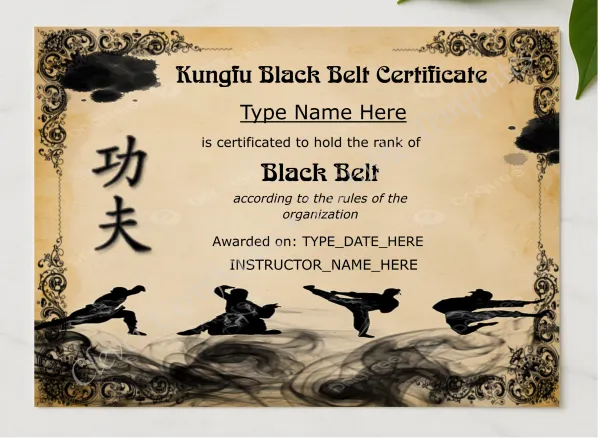 Customizable Kungfu Black Belt Certificate presented in a sleek wooden frame, elegantly arranged on a stylish table.