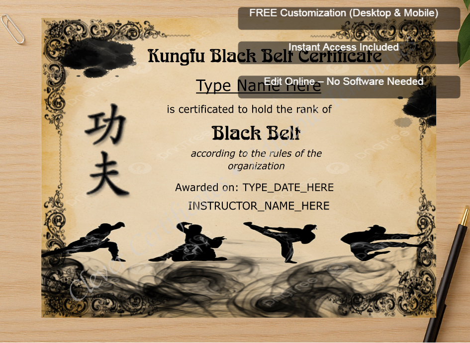 Zoomed preview with Free Editor badge stack for Customizable Kungfu Black Belt Certificate